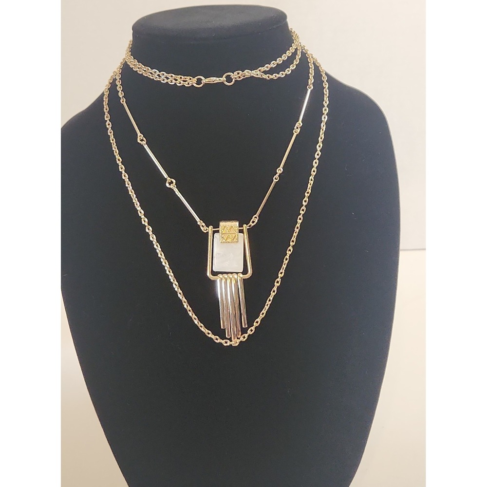 Geometric White Glass Stone Statement Fringe Necklace Goldtone Long 28"